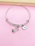 Silver Cheerleader Megaphone Charm Bracelet, Personalized Initial Bangle