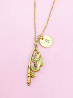 Gold Fishing Rod with Fish Charm Necklace, Personalized Customize Charm Necklace, N494