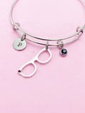 Eyeglasses Charm Bangle Bracelet, Personalized Initial, Birthstone