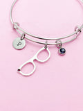Eyeglasses Charm Bangle Bracelet, Personalized Initial, Birthstone
