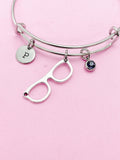Eyeglasses Charm Bangle Bracelet, Personalized Initial, Birthstone