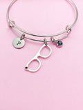 Eyeglasses Charm Bangle Bracelet, Personalized Initial, Birthstone