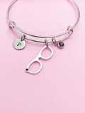 Eyeglasses Charm Bangle Bracelet, Personalized Initial, Birthstone