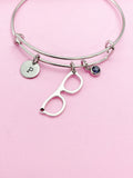 Eyeglasses Charm Bangle Bracelet, Personalized Initial, Birthstone
