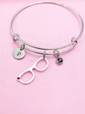 Eyeglasses Charm Bangle Bracelet, Personalized Initial, Birthstone