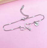 Stethoscope Heart Bracelet, Personalized Initial Charm, Medical Gift