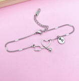 Stethoscope Heart Bracelet, Personalized Initial Charm, Medical Gift
