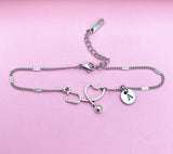 Stethoscope Heart Bracelet, Personalized Initial Charm, Medical Gift