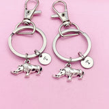 Set of 2 Rhinoceros Keychains, Silver Animal Charm, Initial Keychain