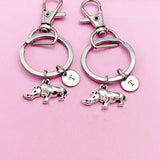 Set of 2 Rhinoceros Keychains, Silver Animal Charm, Initial Keychain