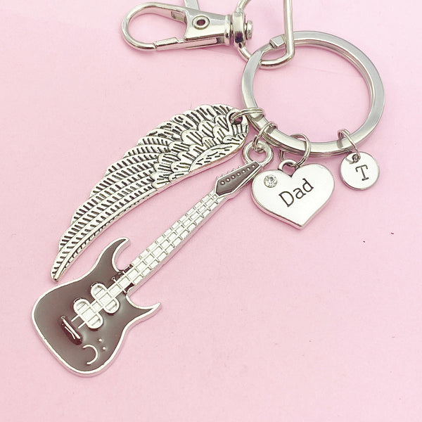 Dad Guitar Guardian Angel Wing Keychain in Silver, N4465