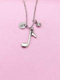 Silver Music Note Necklace, Initial Charm, Personalized Musician Gift