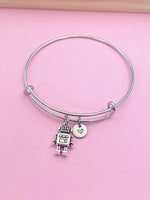 Silver Robot Bracelet or Necklace Robotic School Gifts Ideas Personalize Customize Charm Necklace N4770A
