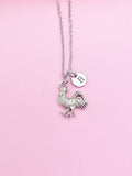 Silver Rooster Charm Necklace, Personalized Initial, Farmer Gift