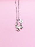 Silver Rooster Charm Necklace, Personalized Initial, Farmer Gift
