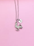Silver Rooster Charm Necklace, Personalized Initial, Farmer Gift