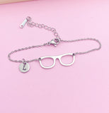 Eyeglasses Charm Bracelet, Initial Stainless Steel Bookworm Gift