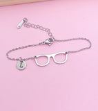 Eyeglasses Charm Bracelet, Initial Stainless Steel Bookworm Gift