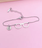 Eyeglasses Charm Bracelet, Initial Stainless Steel Bookworm Gift