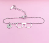 Eyeglasses Charm Bracelet, Initial Stainless Steel Bookworm Gift
