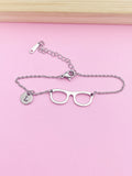 Eyeglasses Charm Bracelet, Initial Stainless Steel Bookworm Gift
