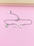 Eyeglasses Charm Bracelet, Initial Stainless Steel Bookworm Gift