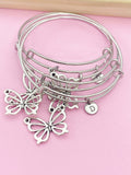 Silver Butterfly Charm Bracelet, Initial Bangle, Stainless Steel