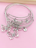 Silver Butterfly Charm Bracelet, Initial Bangle, Stainless Steel