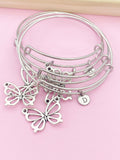 Silver Butterfly Charm Bracelet, Initial Bangle, Stainless Steel