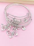 Silver Butterfly Charm Bracelet, Initial Bangle, Stainless Steel