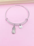 Silver Pineapple Charm Bracelet, Initial Bangle, Personalized Gift
