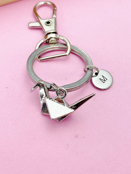 Silver Paper Crane Charm Keychain, Japanese Crane, AN1470