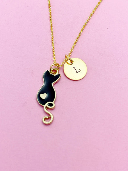 Gold Cute Black Cat Heart Charm Necklace Animal Shelters Workers Gifts Ideas Personalized Customized Made to Order, N5507