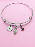 Football Charm Bangle, Initial, Stainless Steel Bracelet