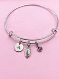 Football Charm Bangle, Initial, Stainless Steel Bracelet