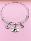 Silver Camera Charm Bracelet, Personalized Initial, Photography Gift, BB46