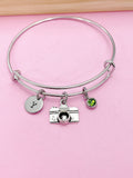 Silver Camera Charm Bracelet, Personalized Initial, Photography Gift, BB46