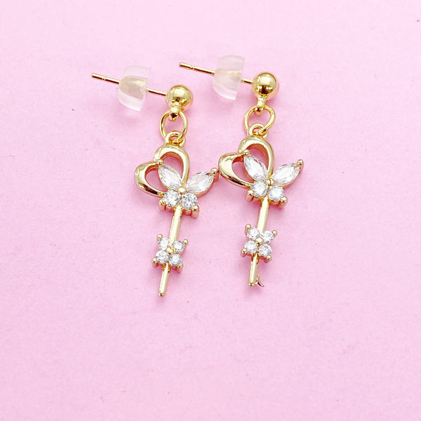 Gold Key Flower Butterfly Earrings Personalize Customize Bridesmaid Wedding Gifts Ideas, N4156