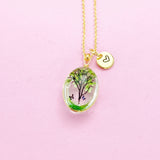 Gold Green Tree with Butterfly Charm Necklace Real Pressed Flower Personalize Customize Jewelry, N2956