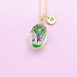 Gold Green Tree with Butterfly Charm Necklace Real Pressed Flower Personalize Customize Jewelry, N2956