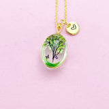 Gold Green Tree with Butterfly Charm Necklace Real Pressed Flower Personalize Customize Jewelry, N2956
