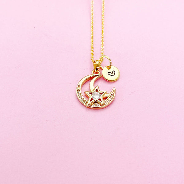 Gold Moon Star Charm Necklace Personalize Customize Jewelry, N4109