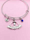 Silver UFO Charm Bracelet, Alien Jewelry, Personalized Initial
