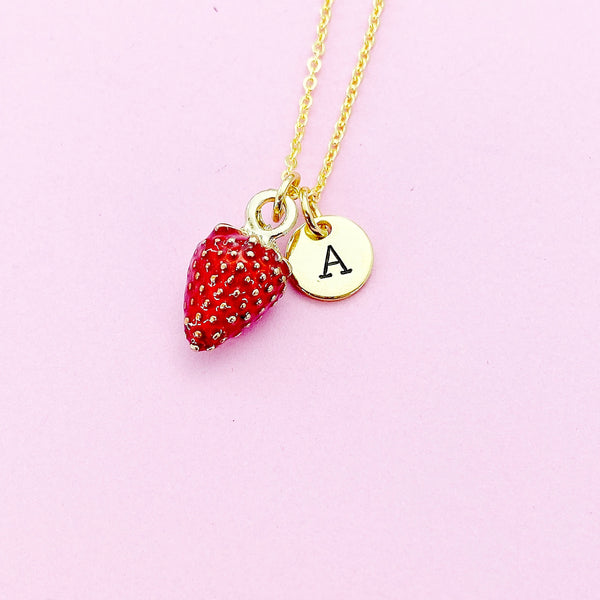 Gold Red Strawberry Charm Necklace Personalize Customize Jewelry, N5566