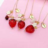 Strawberry Necklace in Gold, Natural Gemstone Birthstone in Option Handmade Lampwork Personalized Birthday Gifts, MN4983