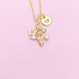 Gold Flower Bouquet Necklace, Initial Charm, Bridesmaid Jewelry