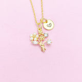 Gold Flower Bouquet Necklace, Initial Charm, Bridesmaid Jewelry