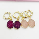 Pink or Red Druzy Earrings in Gold, N2787