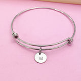 Initial Stainless Steel Bangle Bracelet, Personalized Charm