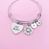 Godmother Bracelet, Sunflower Charm Bangle, Sunflower Charm, Godmother Charm, Godmother Gift, Personalized Gift, N968